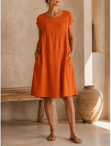  Damen Knielanges Kleid Baumwoll-Kleid Vintage Täglich Lässiger Schnitt Einfarbig Kurzarm Rundhalsausschnitt Rote Marineblau Militßrgrün Frühling
