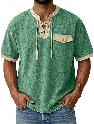  Homens Camiseta Camisa jeans Camisa 100% algodão com lavagem ácida Manga Curta Pescoço Laço Outono & inverno Primavera Outono Tecido Vintage Roupa de rua Casual Bolsos Lavado Casual Casa Rua Azul