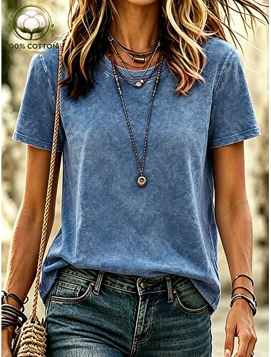 softfade™ dames T-shirt van gewassen 100% katoen, vintage model, korte mouwen, ronde hals, normale pasvorm, casual, dagelijks gebruik, blauw, zwart, paars, fuchsia, oranje