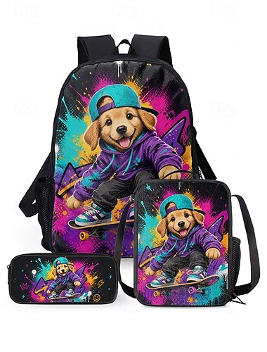  Conjunto de mochila infantil para niño con estampado de grafiti, monopatín y perro, mochila escolar de poliéster de 3 piezas con estuche para lápices. &Bolsa térmica para el almuerzo, de gran