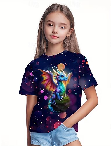  Mädchen 3D Grafik Dinosaurier T-Shirt Kurzarm 3D-Druck Sommer Frühling Sport Mode Streetwear Kinder 4-12 Jahre Rundhalsausschnitt Lässig Täglich Outdoor Normale Passform