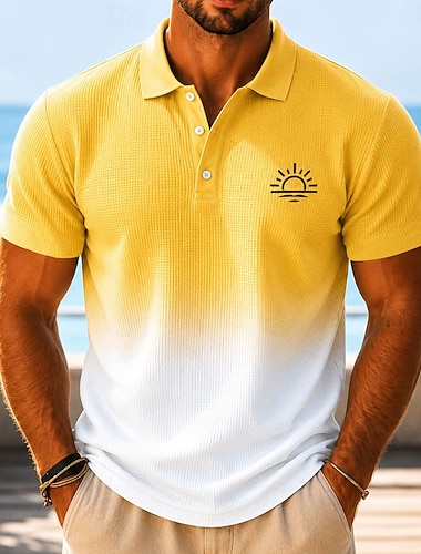  Herren Farbverlauf Waffel-Poloshirts Kurzarm Polo-Shirts Hemden mit Kragen Resort Athleisure Festival-Outfit 3D-Druck Knöpfe Atmungsaktives Gewebe Frühling & Sommer Blau Gelb Grün