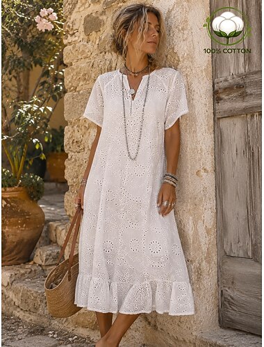  Damen Maxikleid 100% Baumwolle Cut-out-Kleider Lässig Täglich Lässiger Schnitt Einfarbig Kurzarm V Ausschnitt Weiß Frühling