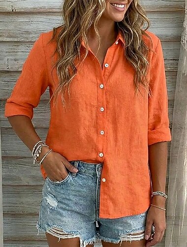  Damen Baumwoll-Leinen-Hemden Bluse Knöpfe Einfarbig Einfach Urlaub Täglich Stilvoll Langarm Hemdkragen Normale Oberteile Lässig Täglich Blau Weiß Rosa Orange Sommer Frühling
