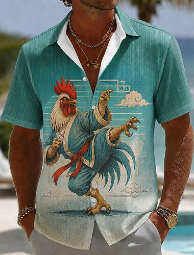  Voor heren Ombre dier Haan Overhemd Zomer overhemd Overhemd met knopen Korte mouw Lelijk Dagelijks Buiten Vakantie Zomer Lente Strijkijzer 3D-afdrukken shirts met kraag Groen 1# Groen 2# Groen 3