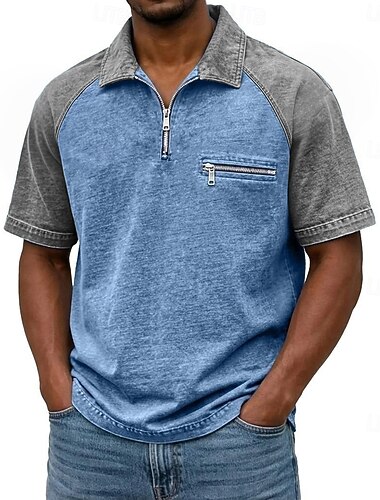  SoftFade™ Polo da Uomo Shirt Acid Wash Casual Streetwear Colletto Mezza Zip Breve Manica Moda Elegante Base Piana Colore Bloccato Distressed Primavera  Estate Fit Relaxed Blu Navy Verde Militare
