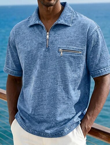  SoftFade™ Camicia da Uomo Acid Wash Golf Camicia Casual Lavoro Collo Mezzo Zip Corto Maniche Moda Basic Colore Unito Cerniera Tasca Cerniera Estate Primavera Primavera  Autunno Regolare Fit Blu Blu