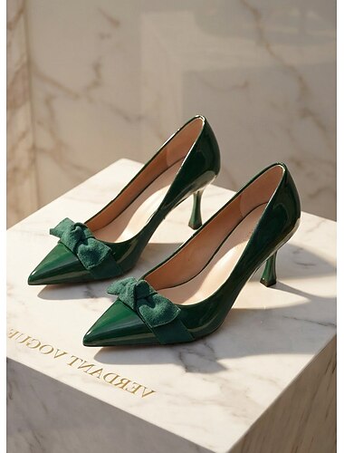  Grønne pumps i lakkskinn til dame, elegante spisse kitten heels med sløyfe for kontorarbeid, forretningsmøter, pendling og hverdagsbruk