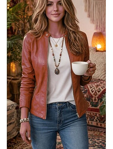  Per donna Giacca in Ecopelle Giacca Casual Confortevole Traspirante Cerniera Casual Semplice Casuale Vacanza Streetwear Abbigliamento quotidiano Cerniera Corto Collo alla coreana Vestibilità regolare