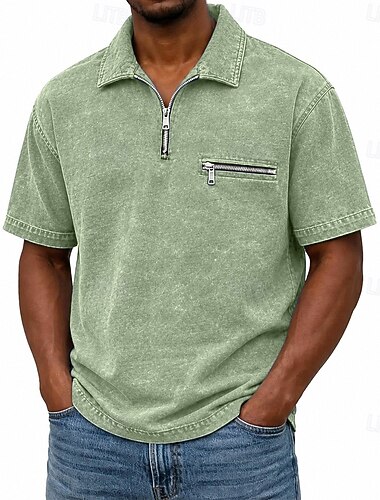  SoftFade™ Polo da Uomo Shirt Acid Wash Casual Lavoro Mezza Zip Collo Polo Ribbed Breve Manica Moda Elegante Base Piana Zip Tasca Estate Primavera Blu Viola Blu Navy Verde