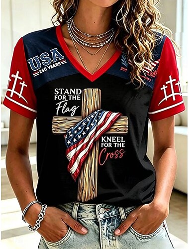  Amerikaanse onafhankelijkheidsdag Dames T-shirt Afdrukken Grafisch Vlag Brief Vintage Stijlvol Klassiek Korte mouw V-hals Normale tops Casual Dagelijks Wit Zwart Rood Grijs Zomer Lente