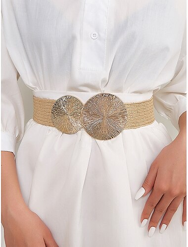  Cintura elastica da donna in stile boho, cintura in paglia elasticizzata multicolore con fibbia dorata, ideale per vacanze estive, spiaggia, resort e per completare outfit casual.