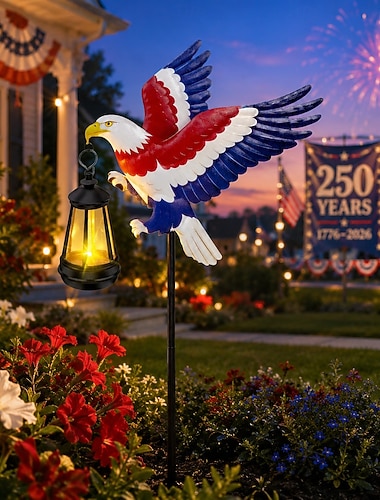  Amerikansk 250-årsjubileums solcelledrevet hagelykt med ørn, patriotisk rød hvit blå hvithodeørn med hengende lykt, vanntett utendørs hagedekor til uavhengighetsdagen, minnedagen, terrasse, plensti