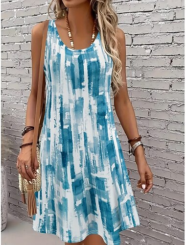  Per donna Mini abito Abito a trapezio Vacanza Casual Spiaggia Ferie Vestibilità regolare Grafico Geometrico Senza Maniche Collo a U Blu Viola Verde Estate Primavera