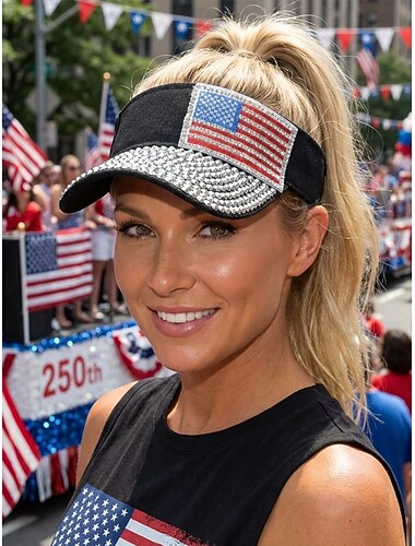  Patriottische damespet met strasssteentjes, verstelbare open zonneklep van polyester, zomerpet met veelkleurige Amerikaanse vlagversiering voor 4 juli, Amerikaanse Onafhankelijkheidsdag, golf, reizen
