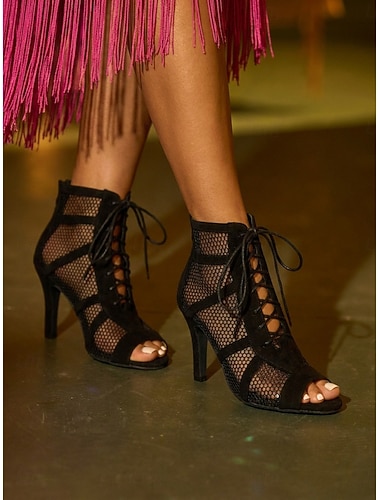  Bottines noires à lacets en résille pour femmes, talons aiguilles sexy à bout ouvert, idéales pour les bals de promo, les cocktails, les soirées dansantes et les boîtes de nuit. &événements en soirée