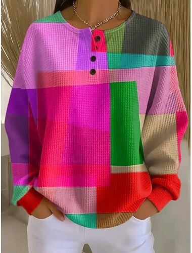  Damen Strukturierte Jacken Pullover Sweatshirt Kapuzenshirts Geometrisch Basic Lässig Druck Langarm Rundhalsausschnitt Normale Oberteile Lässig Blau Gelb Purpur Fuchsie Orange Frühling