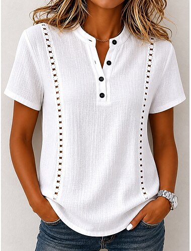  Camicetta da donna 100% cotone con bordo in pizzo, tinta unita, stile vintage, elegante, classica, maniche corte, colletto Henry, top regolare, casual, per tutti i giorni, blu, giallo, estate,