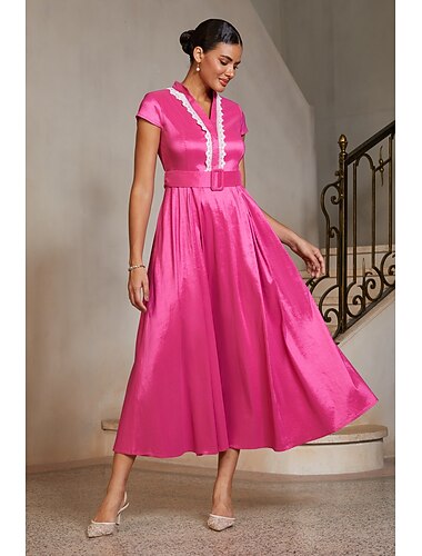  Femmes Ligne A Robe de Cocktail Robe d'invité de mariage Longueur thé Col en V Col montant Manche Courte Élégant La mère de la mariée Quotidien Semi-Formel avec Tissu caméléon Ceinture Plis Bordure
