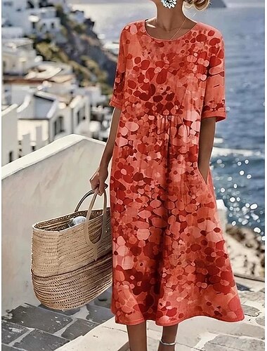  Dames Halflange jurk Zonnejurk A lijn jurk Zomerjurk Fit And Flare-jurk Vakantie Feest Casual Dagelijks Kantoor Strand Ruim Passend Grafisch Abstract Halve mouw Strakke ronde hals blauw Rood Groen