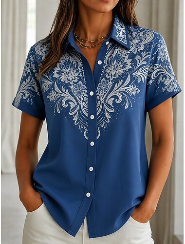  Per donna Camicia Bottoni Stampato Grafico Geometrico Vintage Elegante Moderno Manica Corta Colletto a Camicia Top Regolari Casuale Quotidiano Blu Cachi Rosso Estate Primavera