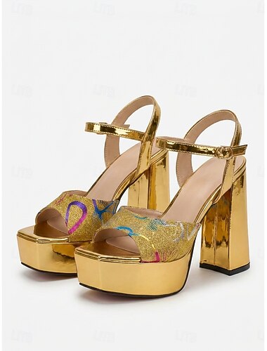  Dames discohakken uit de jaren 70 - glinsterende gouden platform sandalen met stevige blokhak voor een cocktailparty