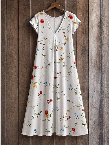  Damen Midikleid Shiftkleid T-Shirt-Kleid Sommerkleid Elegant Bohemien Urlaub Strand Party Ferien Normale Passform Stern Tropisch Kurzarm V Ausschnitt Weiß Kastanienbraun Gelb Rote Sommer Frühling