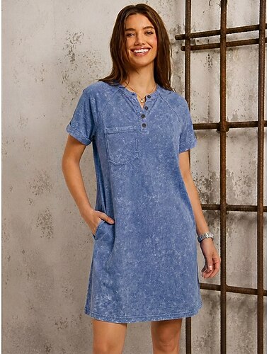  Dames Mini-jurk Gewassen jurk 100% Katoen Basic Klassiek Dagelijks Vakantie Normale pasvorm Effen Korte mouw Strakke ronde hals blauw Zomer Lente