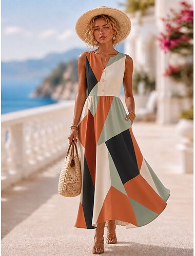  Per donna Abito maxi Vestito Estivo Abito Estivo Vacanza Quotidiano Casa All'aperto Vestibilità regolare Floreale Grafico Geometrico Senza Maniche Scollo a V Nero Giallo Rosso Cachi Estate Primavera
