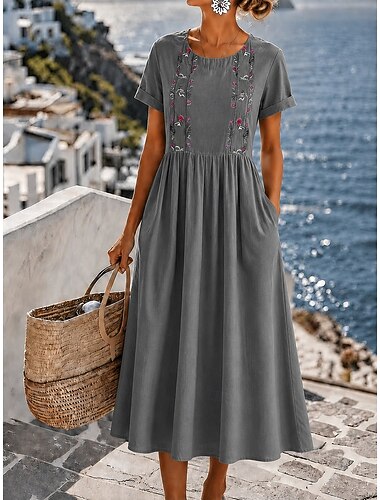  Women's Midi Dress Sundress A Line Dress Summer Dress Fit And Flare Dress Vacation Party Casual Daily Office Beach Loose Fit Floral Half Sleeve Crew Neck Pink Military Green Grey Summer