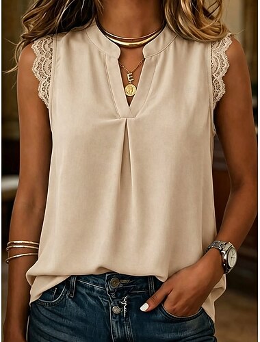  Per donna Canotta Bordo in pizzo Semplice Elegante Casual Senza Maniche Collo alla coreana Top Regolari Casuale Quotidiano Cachi Bianco Rosa Verde Estate Primavera