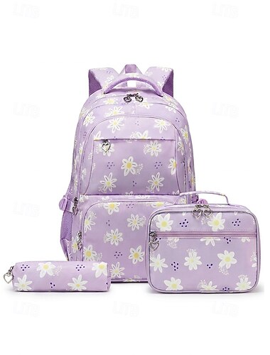  Set di 3 zaini floreali da ragazza, zaino scolastico resistente all'acqua con borsa per il pranzo &Astuccio, borsa a tracolla in poliestere capiente con molte tasche per studenti delle scuole