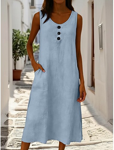  Per donna Abito Midi Abito in cotone e lino Elegante Moda Quotidiano All'aperto Vacanza Vestibilità comoda Semplice Senza Maniche Girocollo Blu Bianco Giallo Rosa Estate