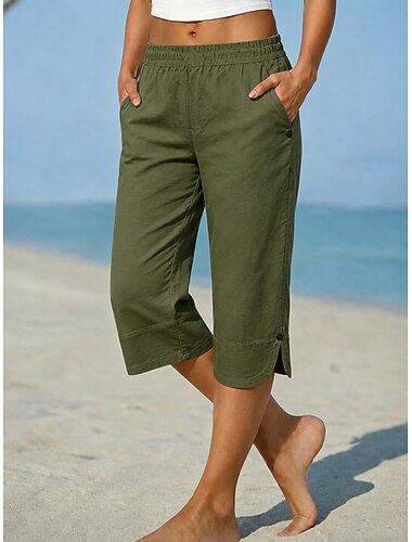  Damen Caprihose Urlaub Basic Wadenlang Hohe Taille Bequem Unelastisch Alltagskleidung Armeegrün Braun Sommer Frühling Normale Passform