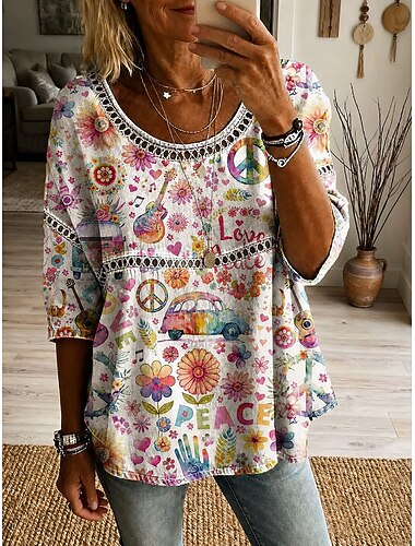  Mujer Camisa Parte superior con ojales Sayo Estampado Floral Graphic Vintage Diario Elegante Manga 3/4 Cuello Barco Tops regulares Casual Diario Caqui Blanco Rosa Morado Verano Primavera