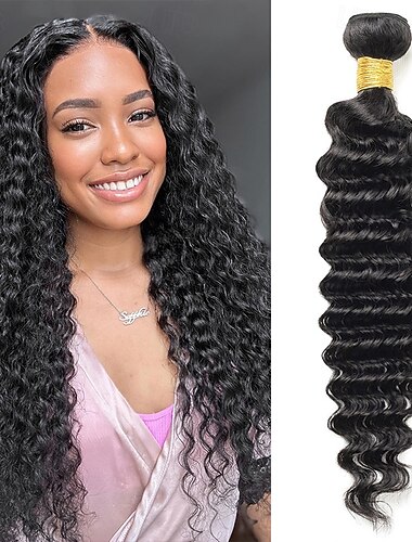  Brasilianisches Echthaar, Farbe 1b # Naturschwarz, Deep Wave, 1 Bündel, 30-75 cm