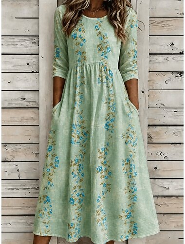 Damen Midikleid Shiftkleid Urlaub Lässig Boho Täglich Sommerkleid Frühlingskleid Normale Passform Blumen Grafik Halbarm Rundhalsausschnitt Purpur Grün Beige Sommer Frühling