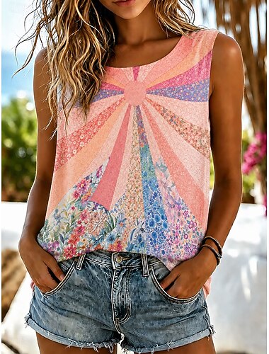  Mujer Camiseta sin mangas tipo camisola Floral Graphic Plantas Elegante Bohemia Vintage Sin Mangas Cuello Barco Tops regulares Casual Rosa Verano Primavera