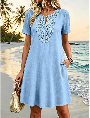  Dam Knälång klänning Spetsklänning Vardagsklänning Sommarklänning Elegant Mode Strand Semester Helgen Normal Slät Kortärmad V-hals Ljusgrön Purpur Rosenröd Beige Sommar Vår