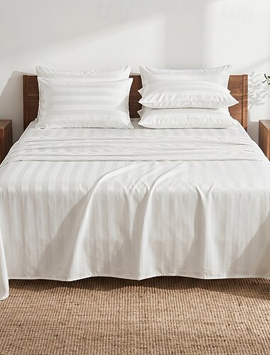  Jogo de cama de cetim listrado de 4 peças, luxuoso e macio como seda, ideal para o cabelo e a pele, 1 lençol de baixo com elástico e 1 lençol de cima.