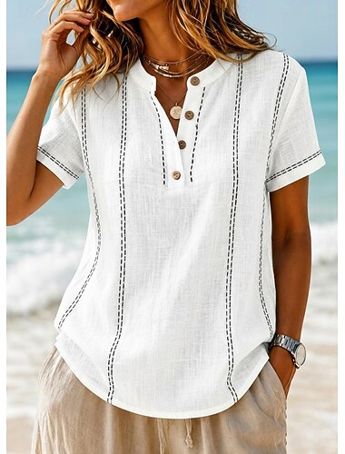  Dames Katoenen linnen overhemd T-shirt Henley-shirt Knop Gestreept Modieus Korte mouw Henley Lange tops Casual Strand Zomer Wit Lichtgroen Hemelsblauw Zomer Lente