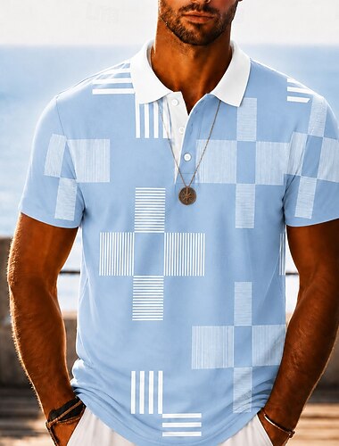  Per uomo Blocco di colori Geometrico Polo Hawaiane Manica Corta Magliette polo Camicie con Colletto Casual Athleisure Stampa 3D Bottoni Tessuto retato traspirante Primavera & Estate Blu Nero Marrone