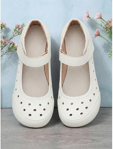  Ballerine Mary Jane da donna in pelle beige a pianta larga con tomaia traspirante e traforata - scarpe comode da passeggio regolabili con velcro, ideali per viaggi, passeggiate quotidiane e uso