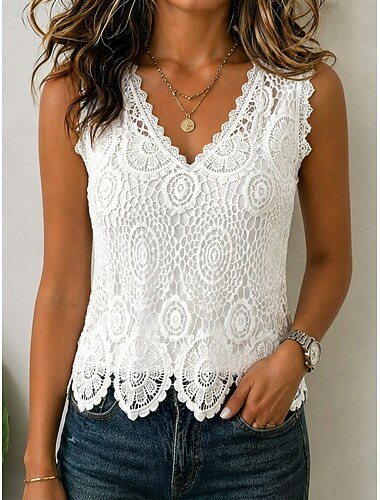  Damen Spitzentops Textur Spitzenbesatz Elegant Ärmellos V Ausschnitt Normale Oberteile Lässig Weißer V-Ausschnitt Sommer