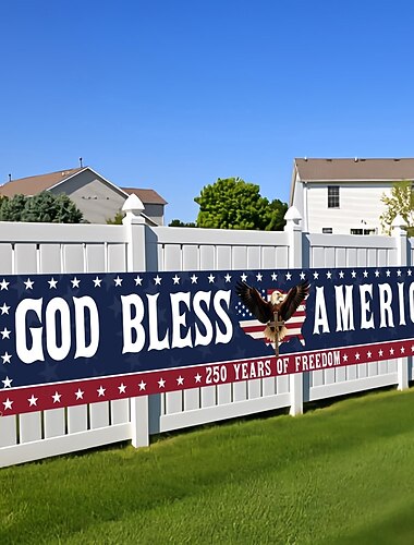  250-årsjubileum USA-flagga Gud välsigne Amerika-banderoll 4 juli-dekorationer stor 250-årsjubileumsbanderoll för utomhusbruk, inomhusbruk, gård, trädgård, veranda, gräsmatta