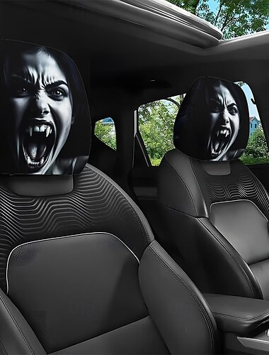  2/4 Stück Auto-Kopfstützenbezüge mit gruseligem Mädchenmuster, lustige Halloween-Auto-Innenausstattung, universell passend, waschbar, für den täglichen Gebrauch und Roadtrips & Urlaub