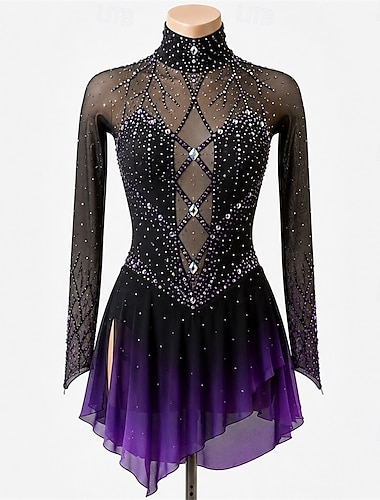  Vestido de patinaje artístico Mujer Patinaje Sobre Hielo Vestidos Morado Retazos Dedo Pulgar Elástico Entrenamiento Competición Ropa de Patinaje Clásico Cristal / Strass Manga Larga Patinaje sobre