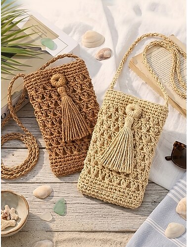  Borsa a tracolla da donna in maglia intrecciata, colore avorio. &Mini borsa a tracolla in paglia color kaki con nappina, leggera, ideale per l'estate, le vacanze al mare, i viaggi, i resort, lo