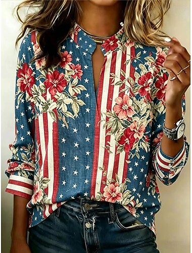  Amerikaanse onafhankelijkheidsdag Dames Overhemd Grafisch Vlag Vintage Stijlvol Lange mouw Gekerfde nek Normale tops Casual Dagelijks Feestdagen blauw Wit Rood Zomer Lente