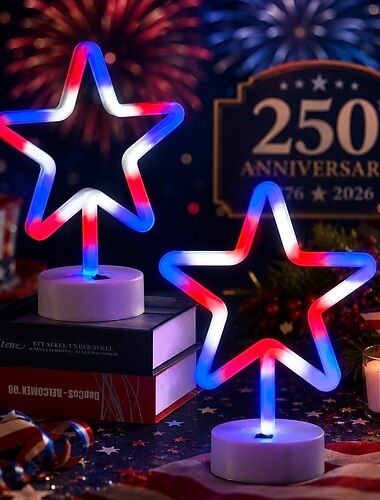  Sternen-Nachtlichter zum 250. Jahrestag der USA, 2 Stück rot-weiß-blaue patriotische LED-Sternen-Tischlampen, USB-Anschluss &Batteriebetrieben (AAA), Dekoration für die Feier zum Unabhängigkeitstag am